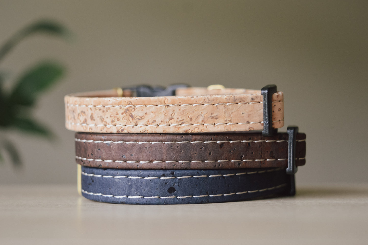 Cork Leather Cat Collar, Image of Jensons Breakaway Cat Collars, three in image with stitching.